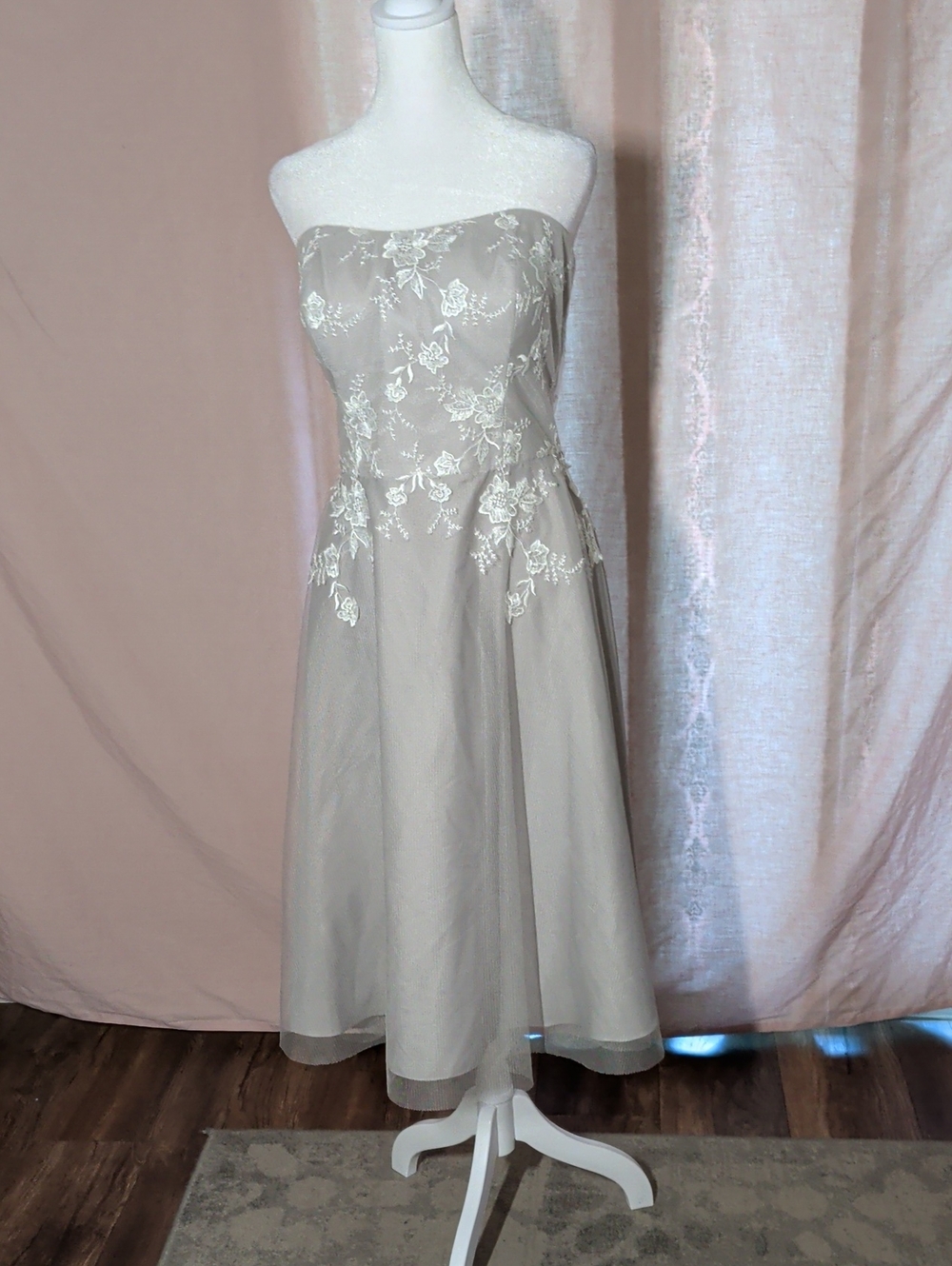 Dessy Collection Strapless Taupe Cocktail Dress with White Floral Lace